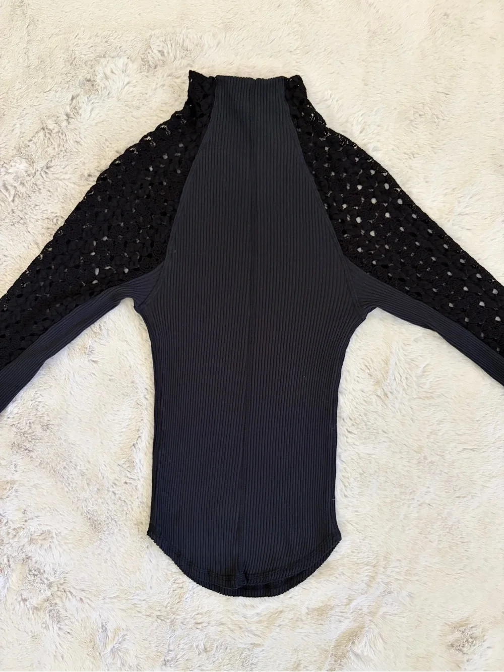 Free People Clemente Mock Neck Crochet Sleeve Top Black Size S